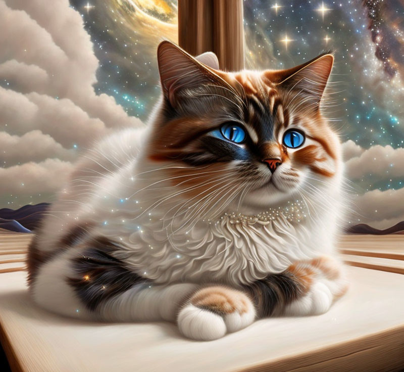 Long-Haired Cat with Blue Eyes Resting in Cosmic Sky Setting