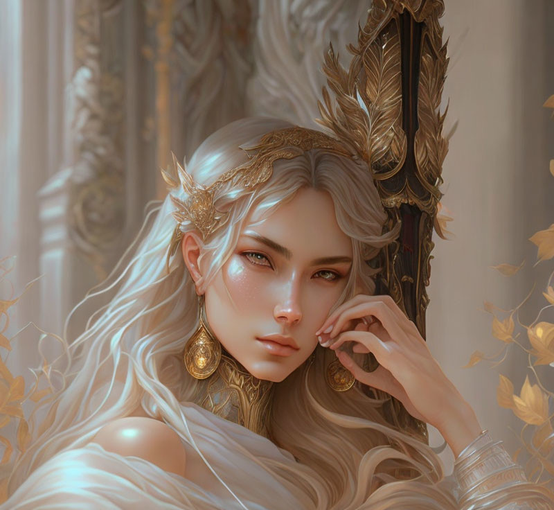 Ethereal figure with long white hair and gold ornaments surrounded by leafy details