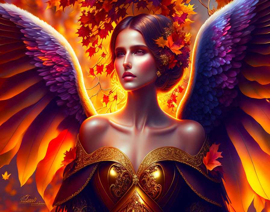 Digital artwork: Woman with angel wings in golden armor among autumn leaves