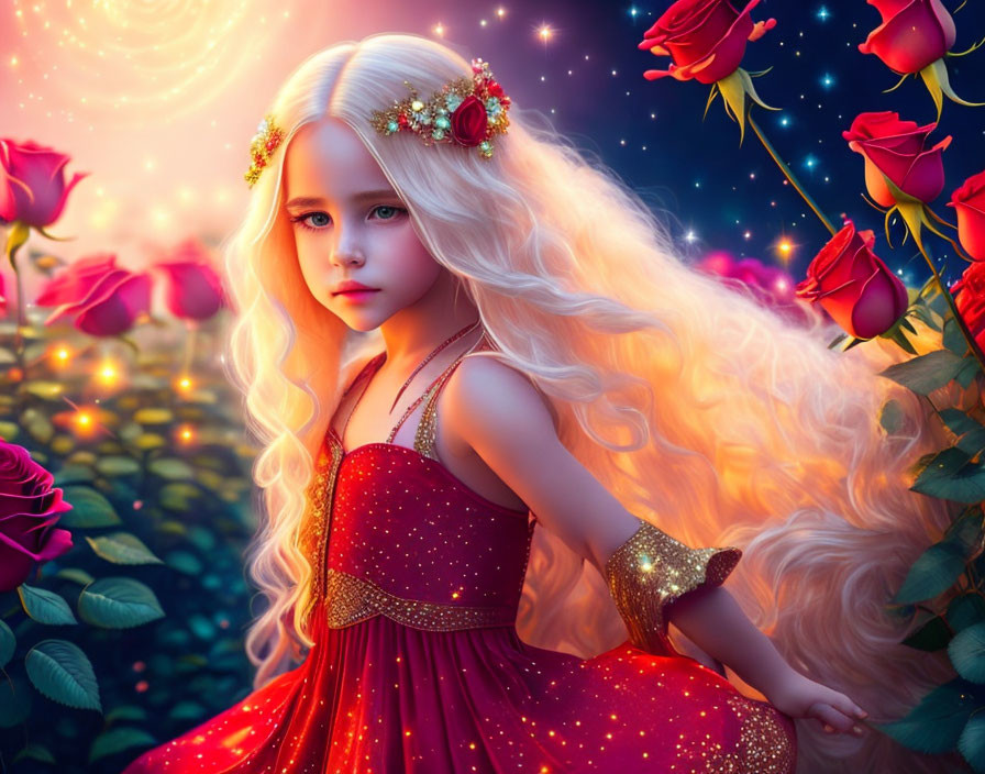 Young girl with blonde hair in red dress among glowing roses