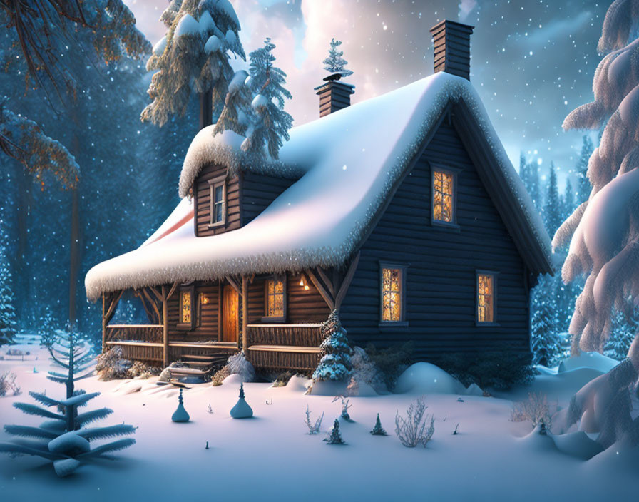 Snow-covered wooden cabin in serene forest twilight