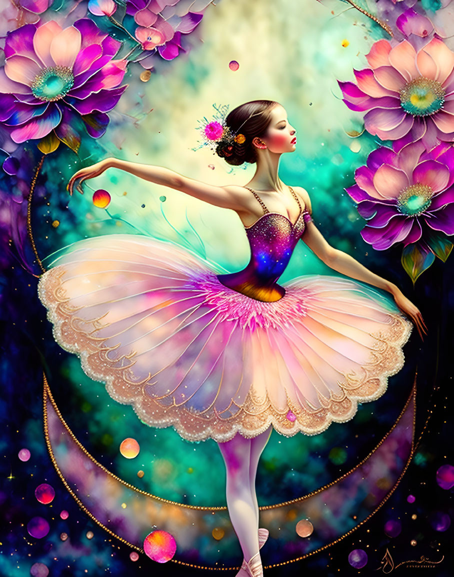 Graceful ballet dancer in floral tutu amidst fantasy flowers and orbs