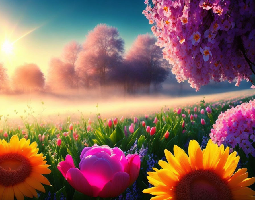 Colorful Spring Landscape with Sunflowers, Tulip, Cherry Blossoms, and Misty Sunrise