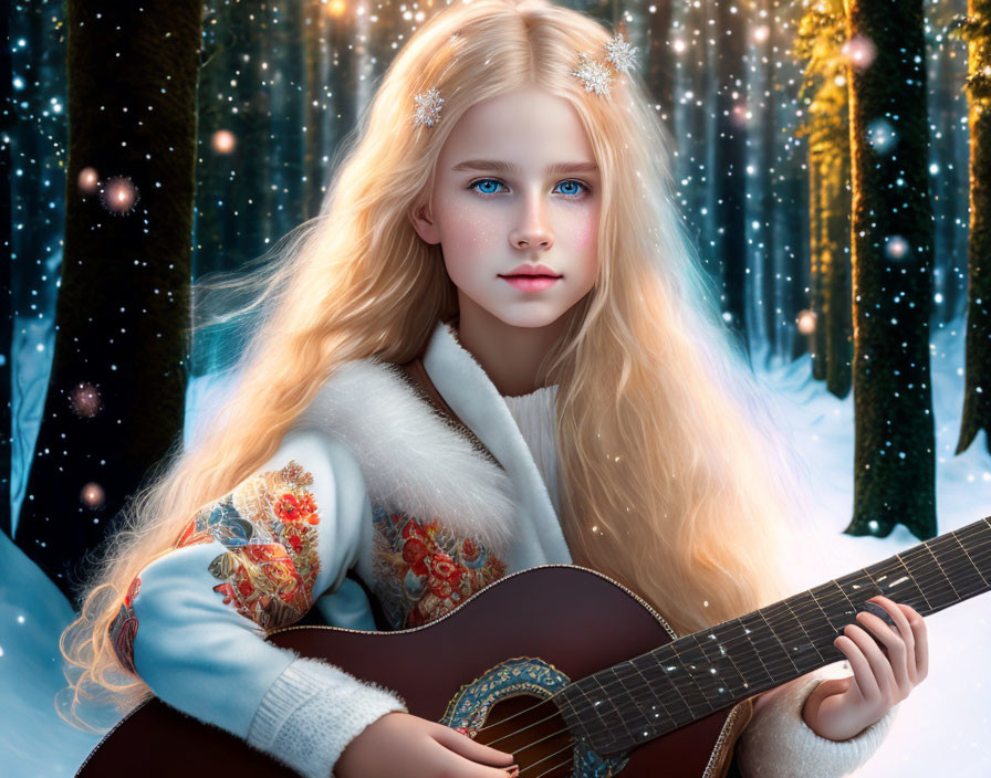 Blonde girl in winter attire with guitar in snowy forest