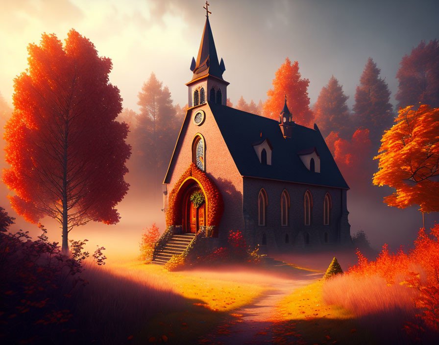 Charming church in autumnal setting with vibrant trees