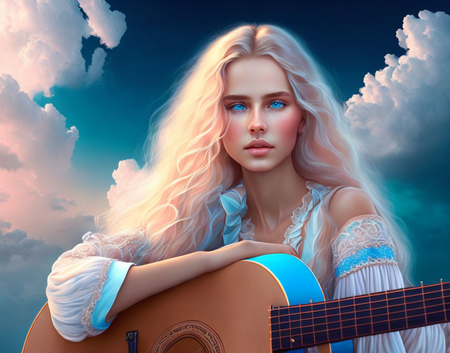 Blonde woman with guitar against blue sky and clouds