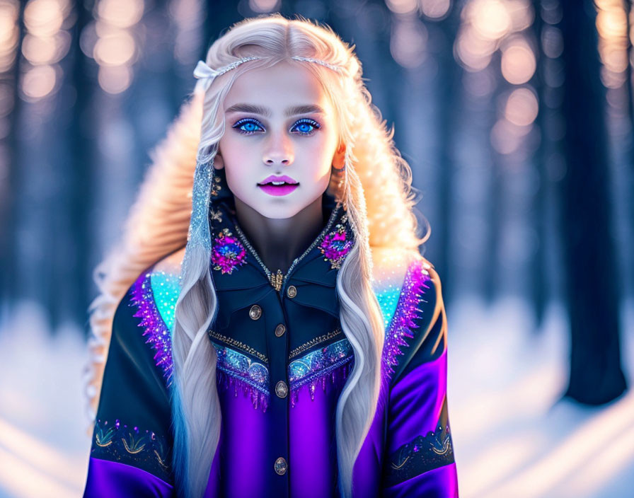 Stylized image of a person with pale skin and blue eyes in a purple coat against snowy forest