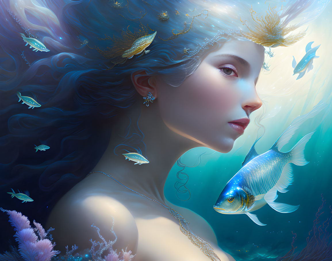 Underwater portrait of woman with fish and ethereal lighting