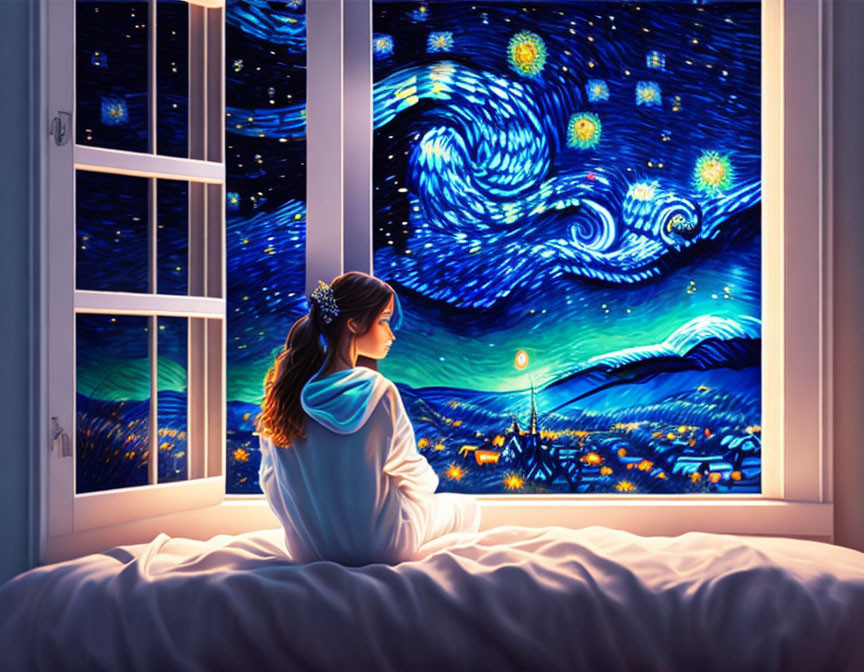 Woman sitting by open window under starry night sky.