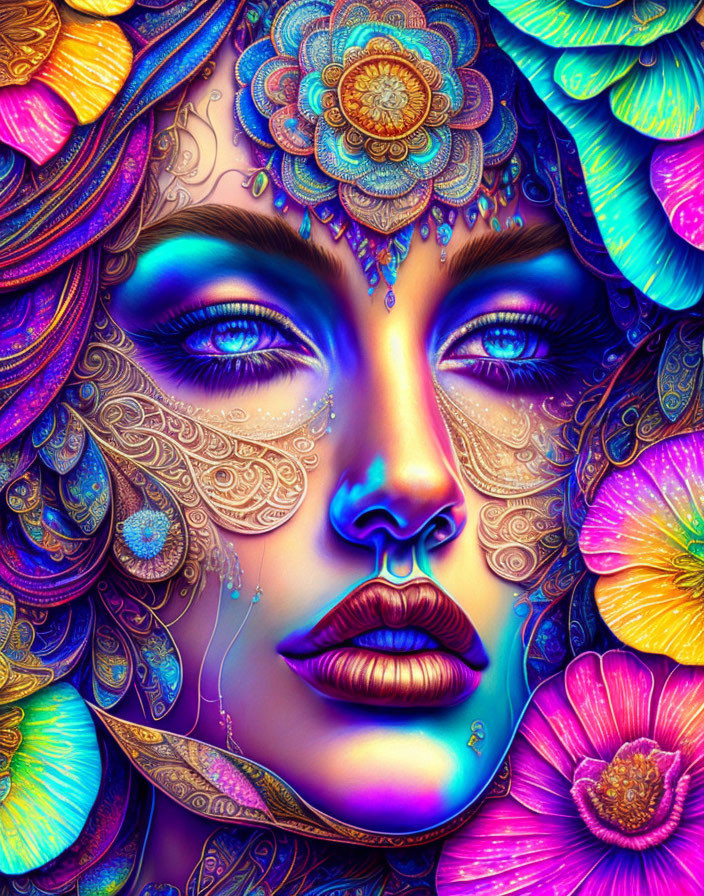 Colorful portrait of woman with floral patterns, jewelry, and mandala.