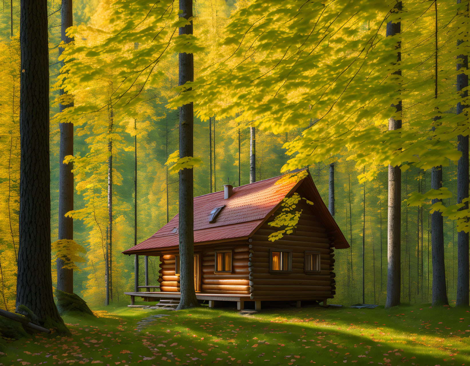 Rustic log cabin in autumn forest with golden leaves