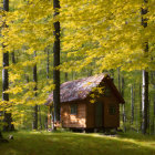 Rustic log cabin in autumn forest with golden leaves