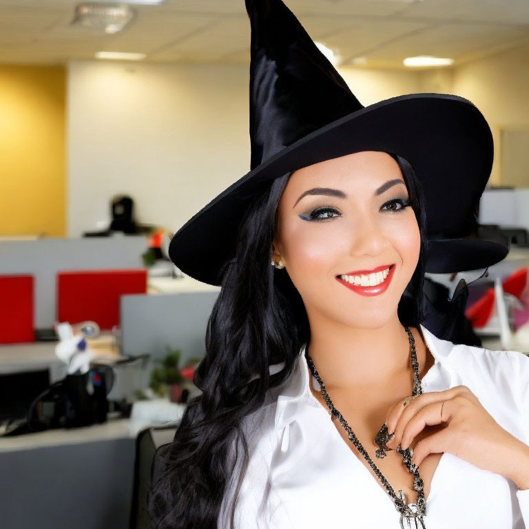 Person in witch hat and white blouse with long black hair smiling in office setting