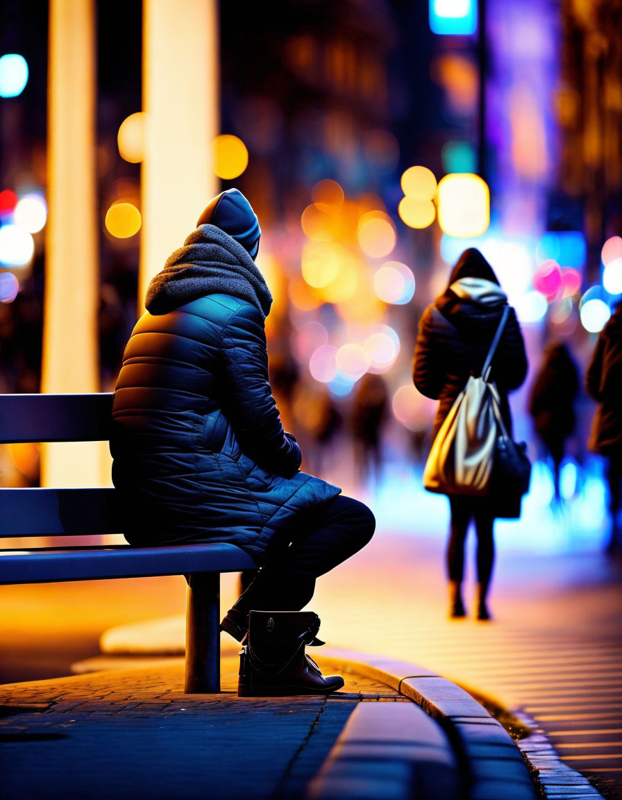 Person in warm jacket and beanie on bench at night with vibrant street lights.