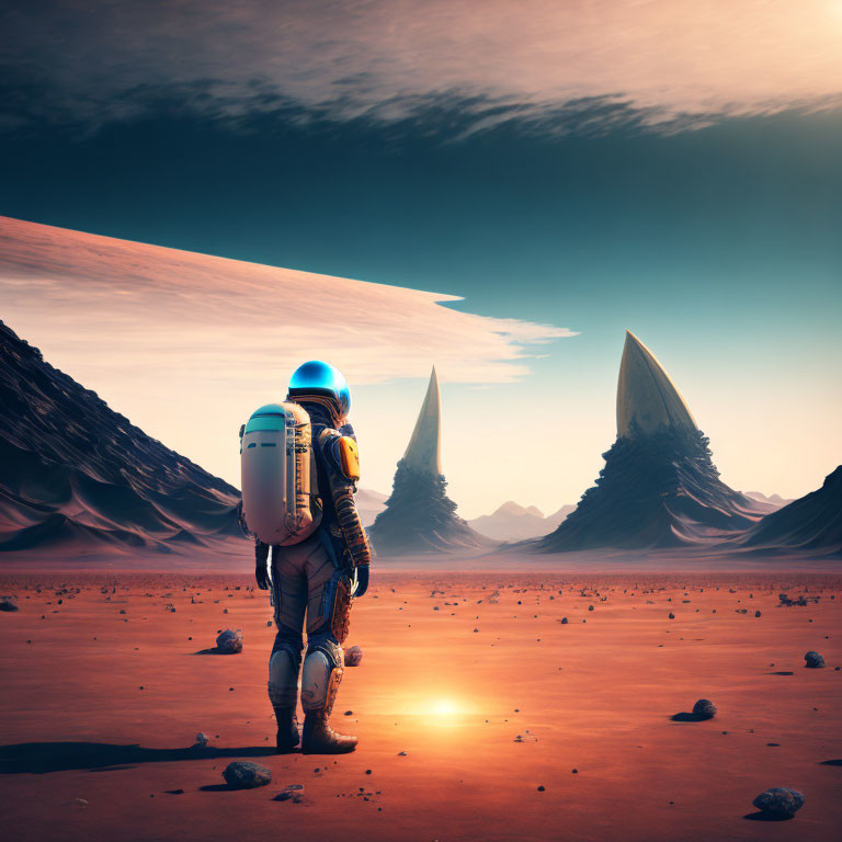 Astronaut exploring barren alien planet with towering rock formations