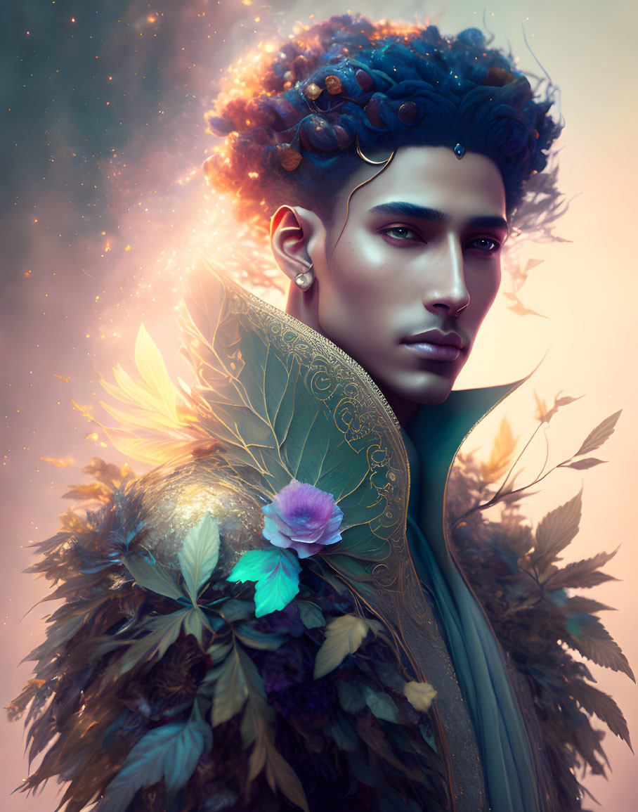 Male figure in leafy and feathered garment with cosmic glow and ethereal ambiance