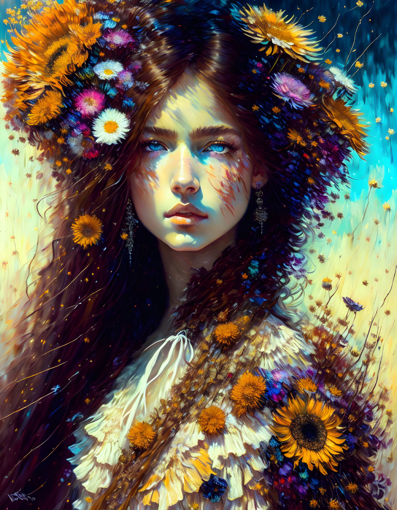 Portrait of woman with vibrant flower-adorned hair and intense gaze.