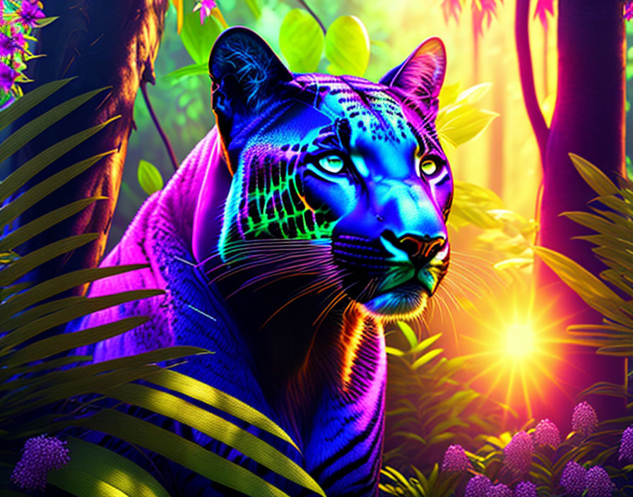 Vibrant blue and purple jaguar in neon against tropical backdrop