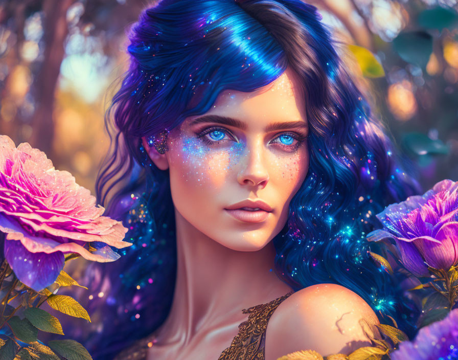 Vibrant blue hair woman in mystical floral setting