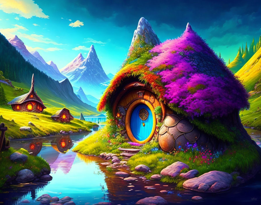 Fantasy landscape with whimsical mushroom houses and vibrant purple roofs