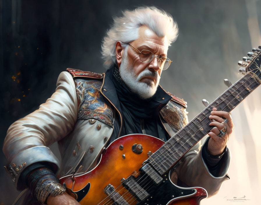 Elderly man with white hair playing electric guitar in military-style jacket