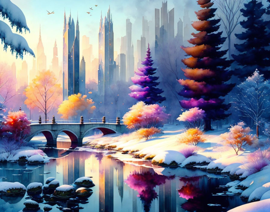 Colorful trees, stone bridge, river, snow patches, city spires, and flying birds in