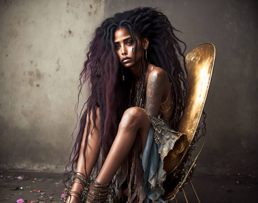 Woman with long dreadlocks on brass chair against textured backdrop