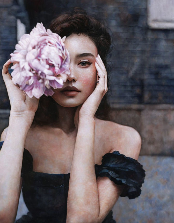 Woman in off-shoulder black dress with pink flower, thoughtful expression on blue textured background