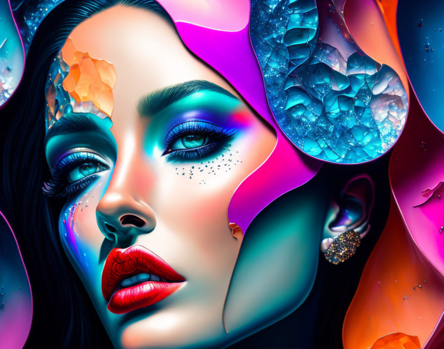 Colorful digital art: Woman with flowing shapes and textures accentuating features.