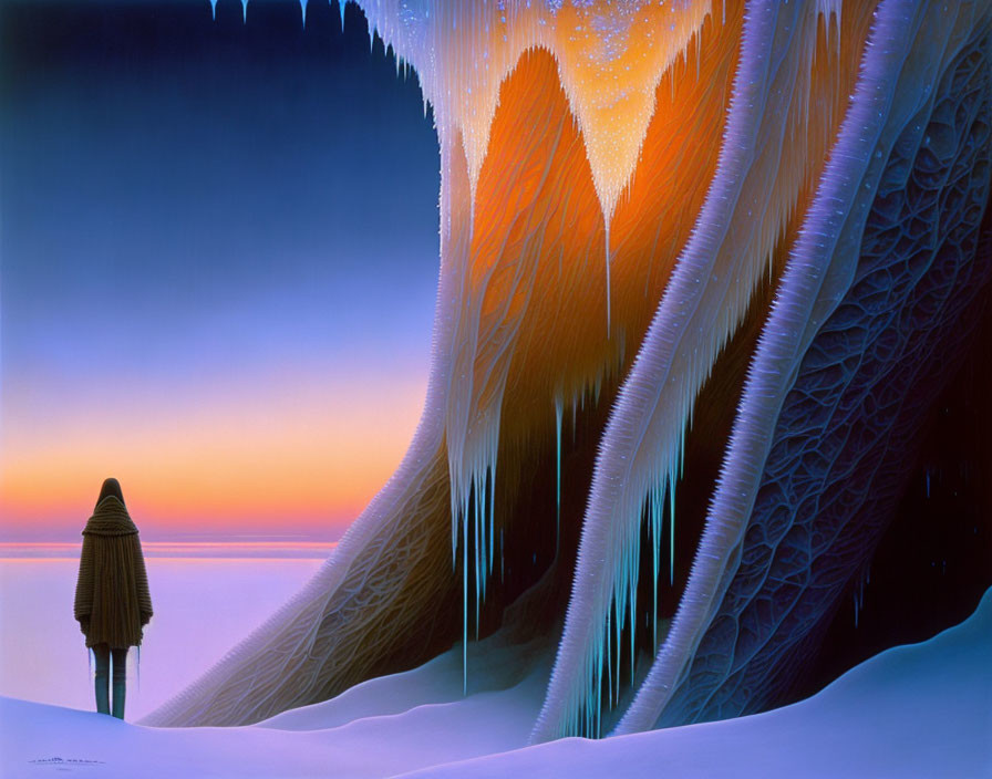 Solitary figure in front of icy cave at sunrise or sunset