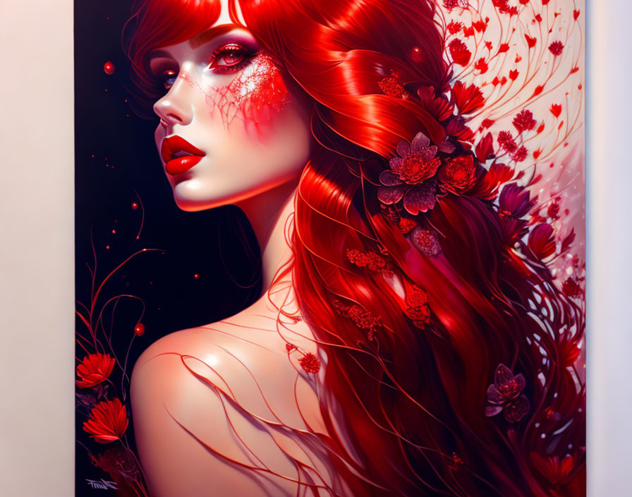 Vibrant illustration of woman with red hair and flowers in rich crimson hues