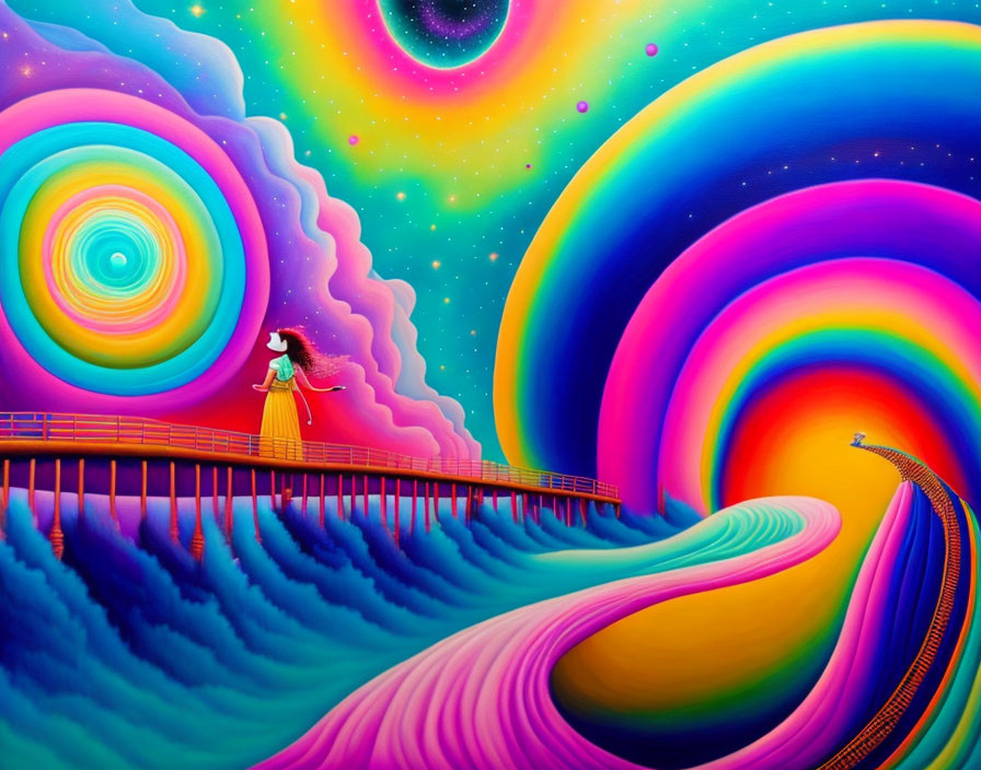 Colorful surreal painting of girl on bridge with psychedelic patterns