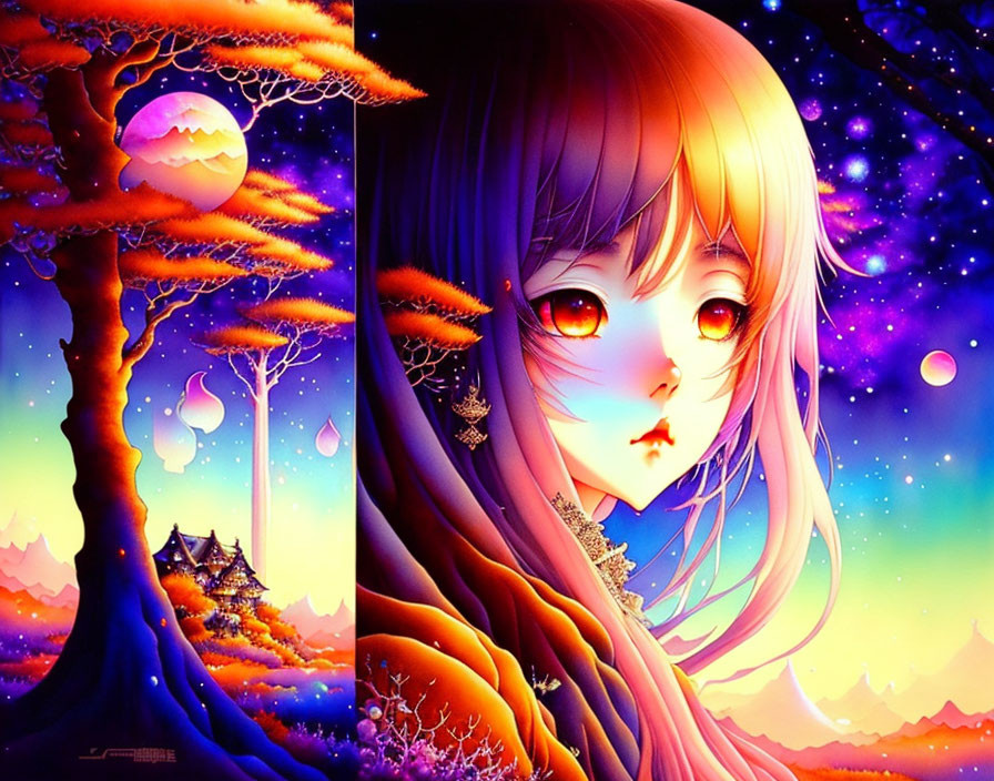 Anime-style illustration of a girl with expressive eyes in vibrant fantasy setting