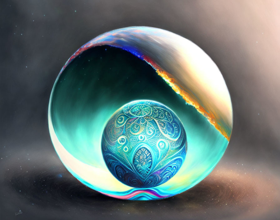 Intricate ornate sphere in cosmic bubble on starry background