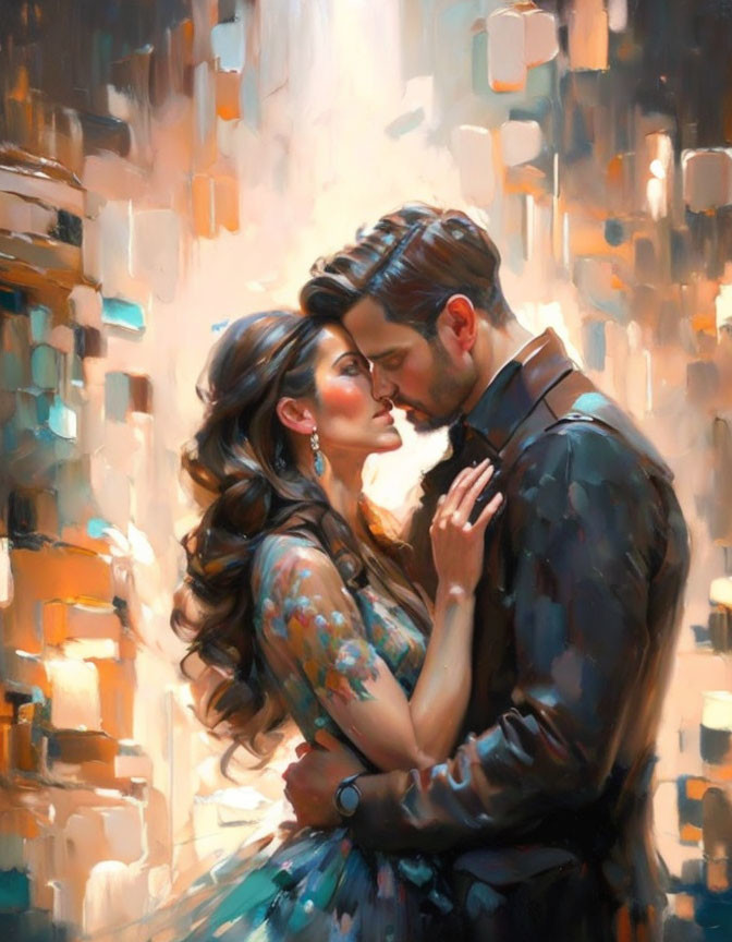 Romantic painting of couple embracing in city lights