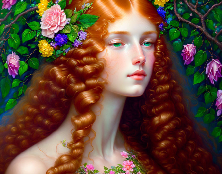 Digital artwork: Woman with red curly hair, green leaves, pink & purple flowers