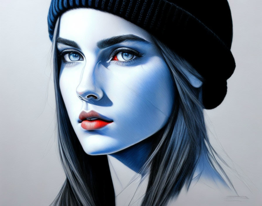 Realistic digital portrait of a woman with blue eyes, black beanie, red lips, and cool