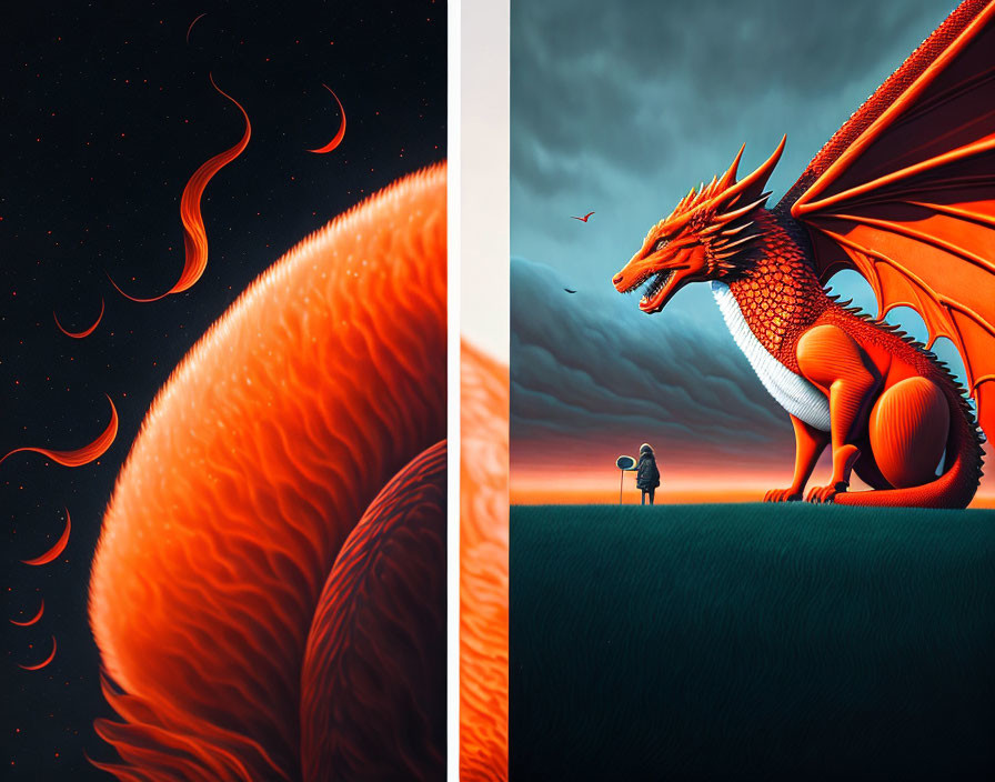 Person faces red dragon under twilight sky with fiery swirl.