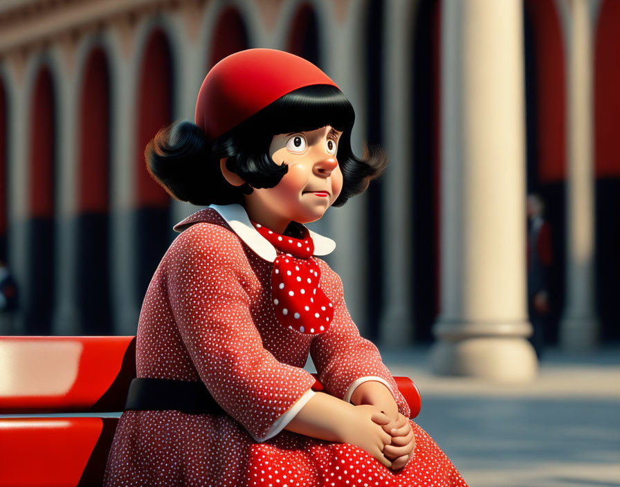 Young girl with black hair and red hat sitting on bench, columns in background