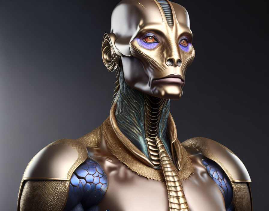 Gold and Blue Accented Humanoid Robot with Intricate Facial Features