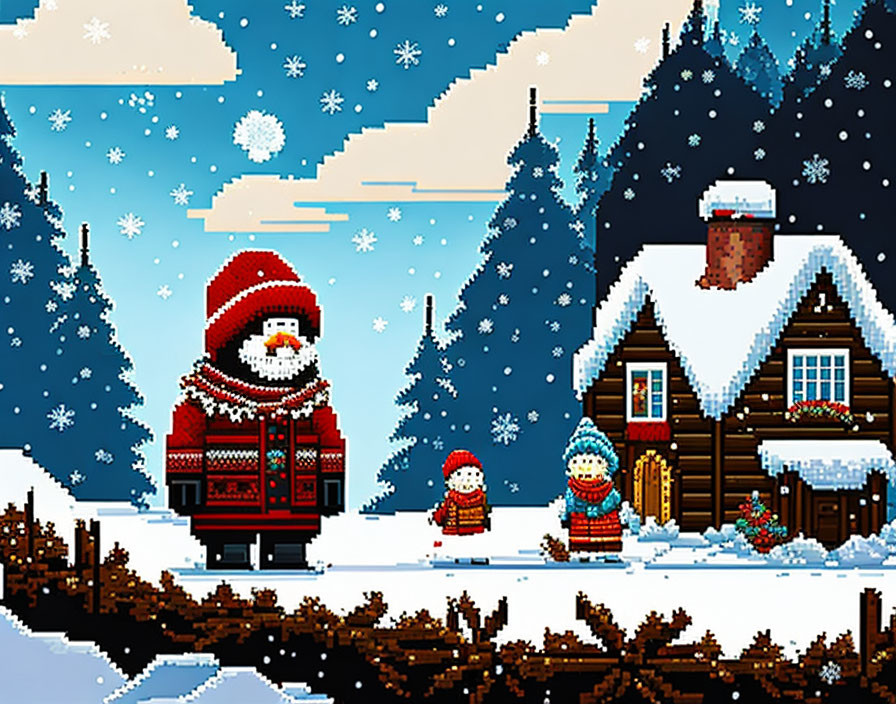 Winter pixel art: Large figure in red outfit, child, cabin, pine trees under snowing sky