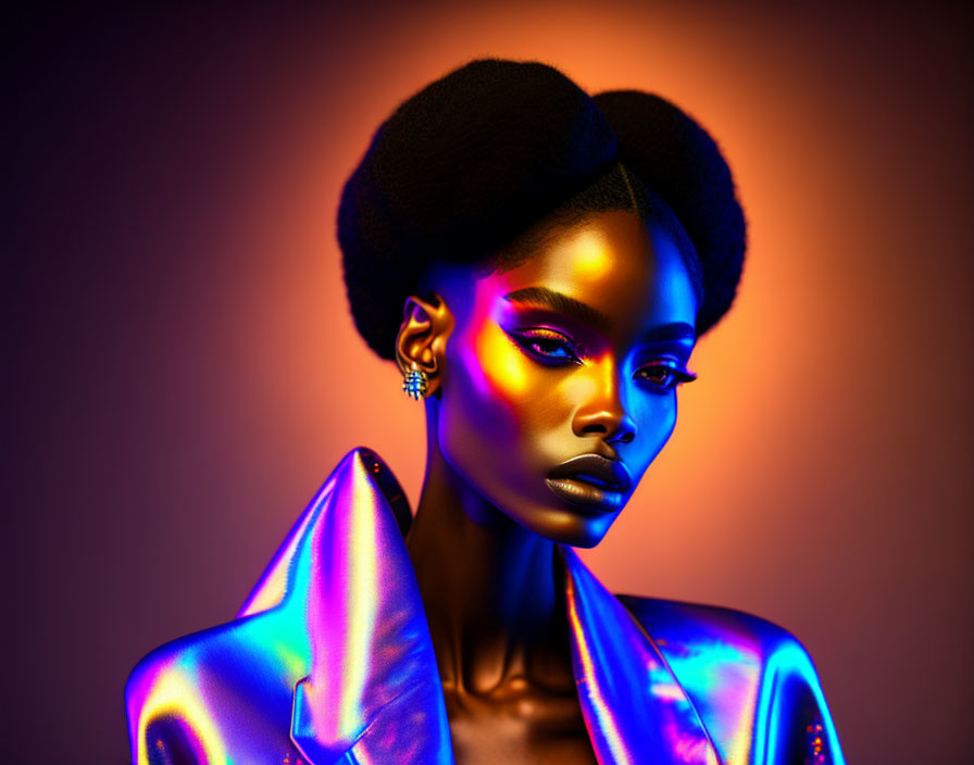 Portrait of woman with striking makeup and metallic jacket reflecting blue and orange hues