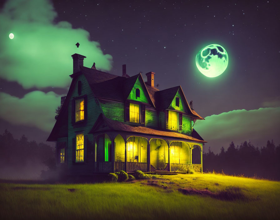 Victorian house under greenish moon in eerie night scene