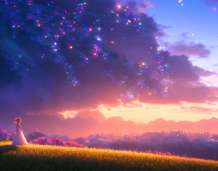 Person in dress admiring colorful sunset meadow with floating lights and purple trees