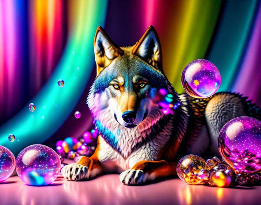 Colorful wolf surrounded by bubbles and spheres on rainbow background.