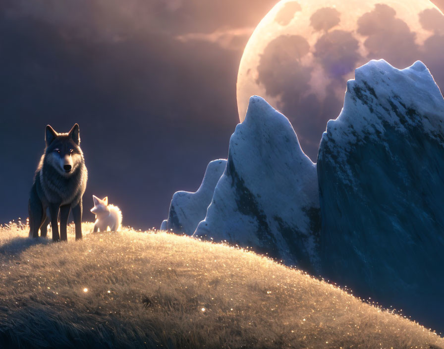 Wolf and cat on glowing hill under large moon at dusk