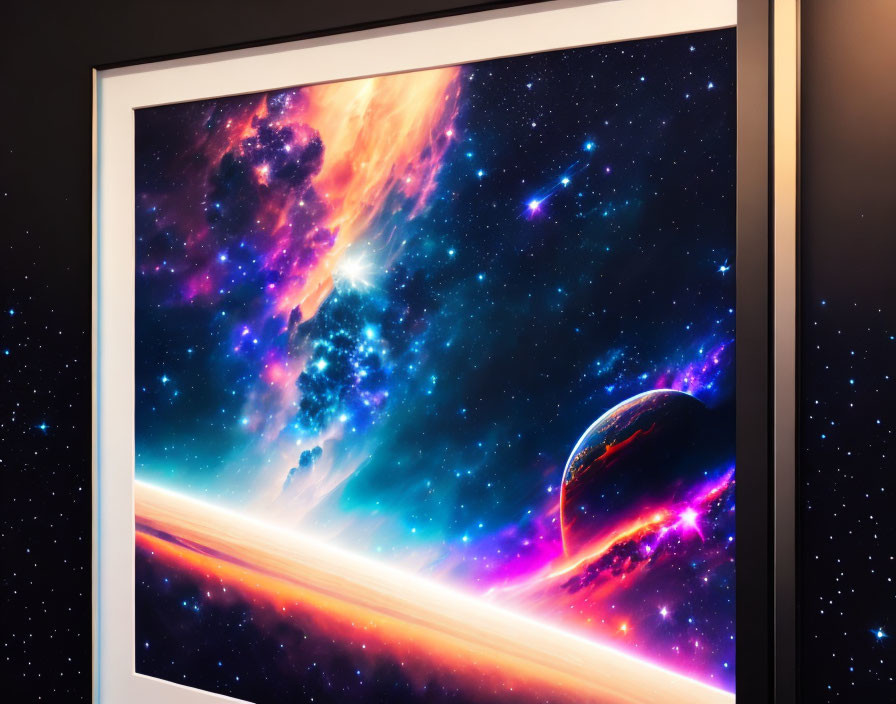 Colorful Space-Themed Nebula Image with Stars and Planet in Frame