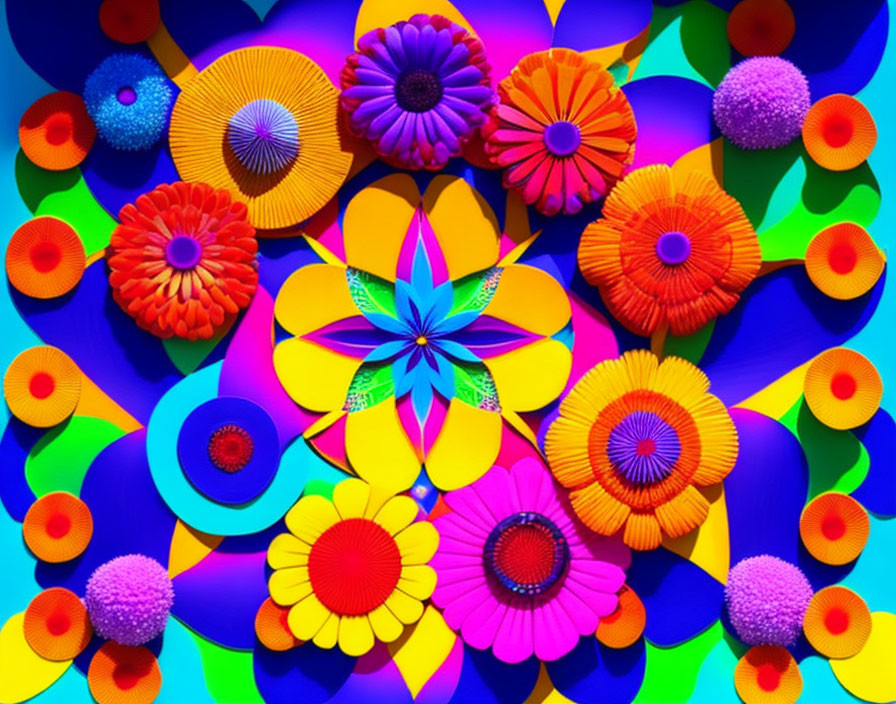 Colorful Paper Flowers Arranged in Symmetrical Pattern