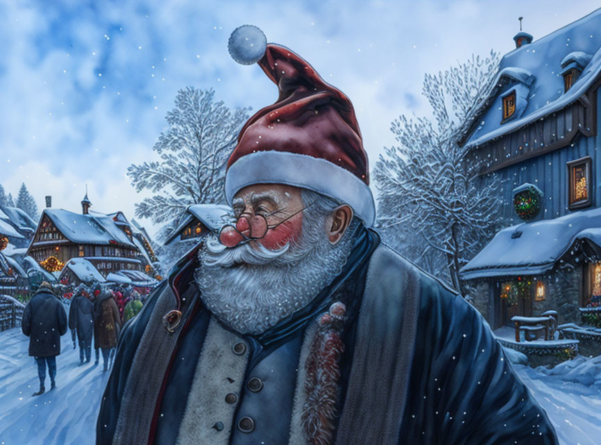 Detailed Close-Up of Smiling Santa Claus in Snowy Village