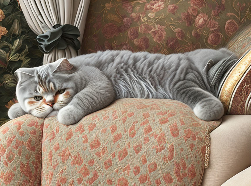 Gray British Shorthair Cat Relaxing on Floral Patterned Couch